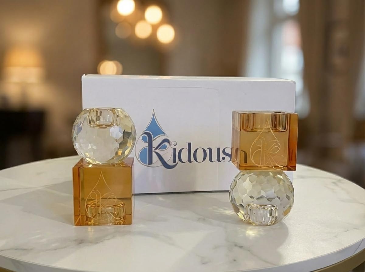 Paire de Bougeoirs Shabbat Réversibles en Cristal K9 - Design Moderne 2-en-1 pour Bougies Chauffe-Plat, Chandelles et Havdala - Idée Cadeau Mariage Juif et Judaïca