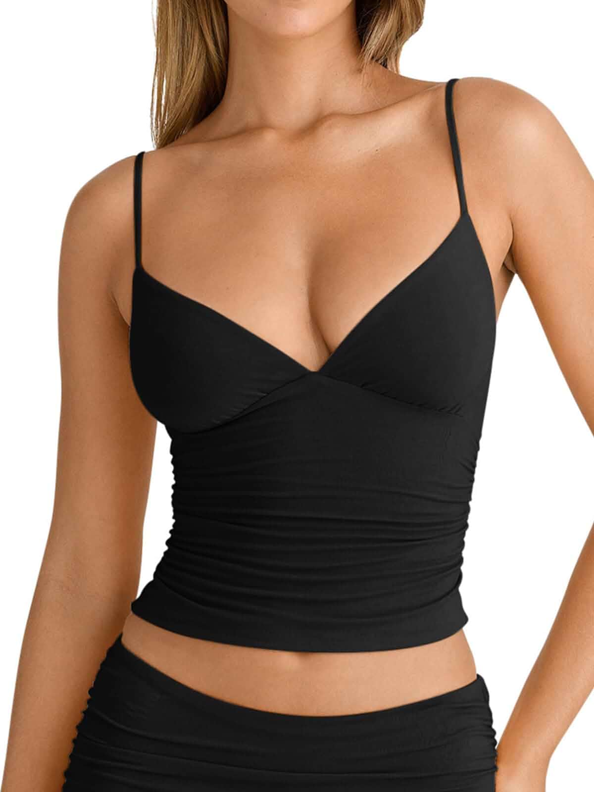PINKMSTYLE Women's Sexy V Neck Ruched Cami Top Sleeveless Spaghetti Double Layer Fitted Crop Tank Tops Sleeveless