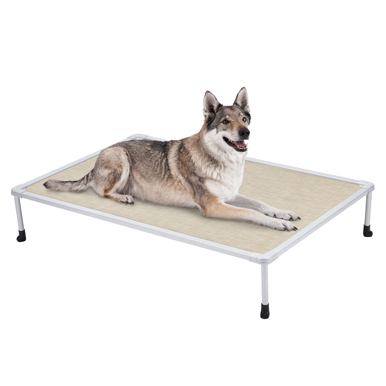 Veehoo Large Elevated Dog Bed â€“ Chewproof Cooling Raised Dog Cots Beds, Outdoor Metal Frame Pet Training Platform with Skid-Resistant Feet, Breathable Textilene Mesh, 49 x 33 x 9 inch, Beige Coffee