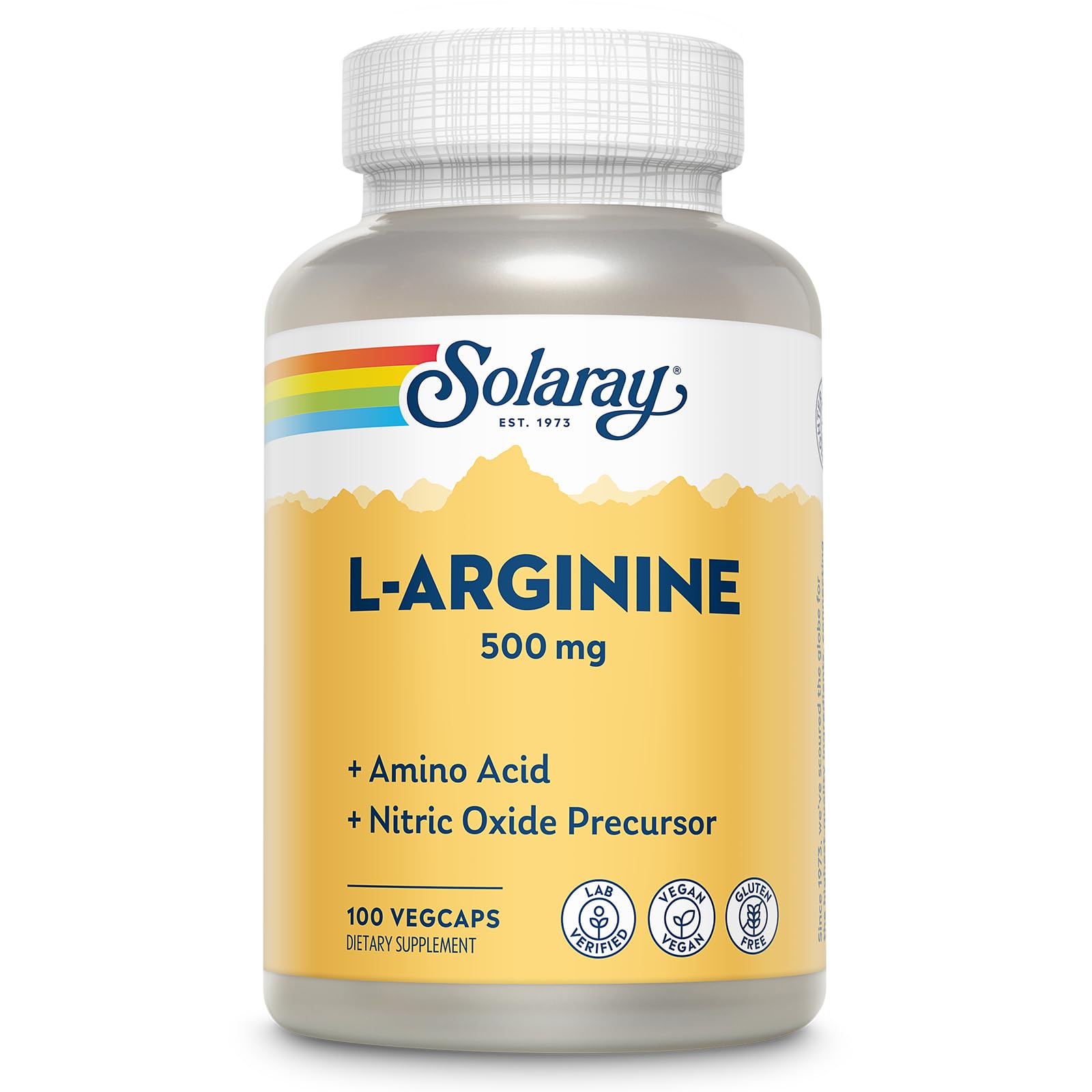 SOLARAY L Arginine 500mg - L-Arginine Amino Acids Supplement - Precursor to Nitric Oxide - Supports the Body's Production of Protein - Vegan, Gluten Free, Lab Verified, 60 Day Guarantee - 100 Servings