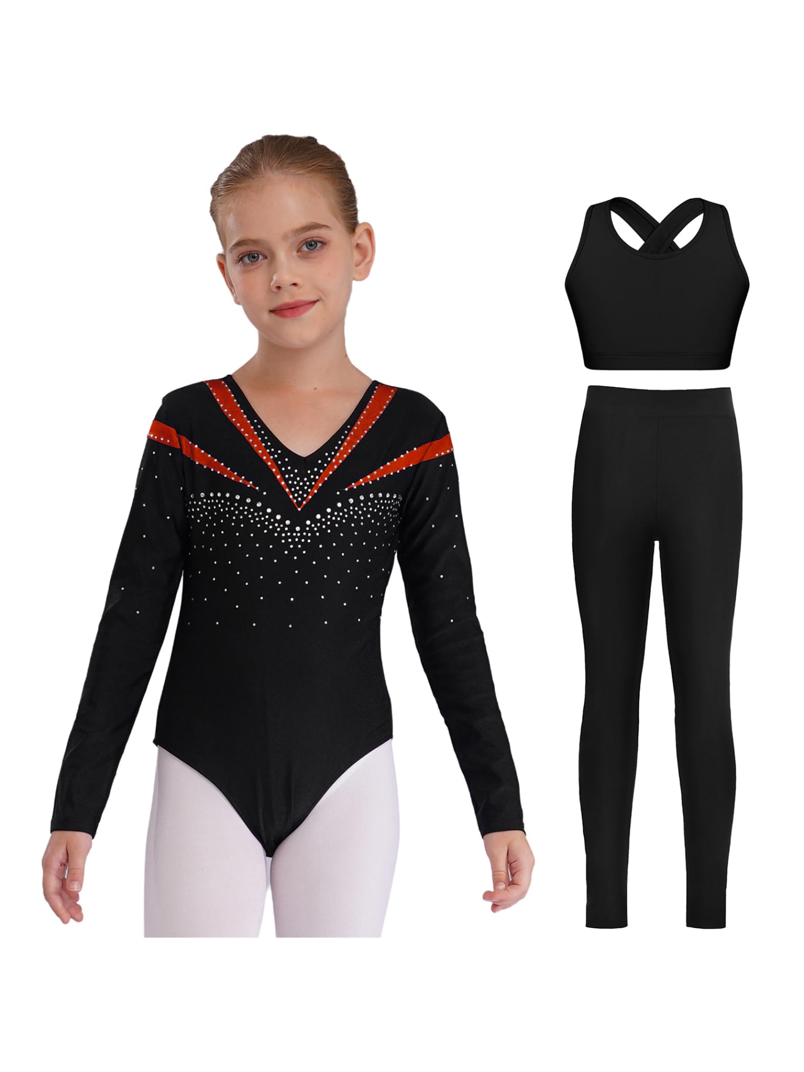 Piezas De Traje De Gimnasia Con Destellos Para Niñas Leotardos De Gimnasia De Manga Larga Tops De Deporte Brasier Y Pantalones Traje De Baile Para Rojo 11-12 años