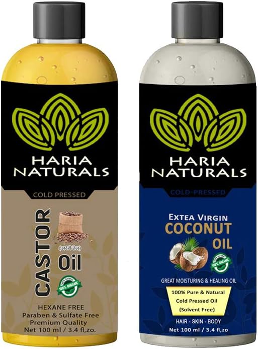 Haria Naturals100% Cold Pressed Castor OiI & Extra Virgin Coconut Oil 100 ml Hair Oil (Combo Pack of 2 Bottles) 200 ml