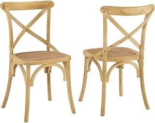 Modway Gear Rustic Modern Farmhouse Elm Wood Rattan Two Dining Chairs in Natural