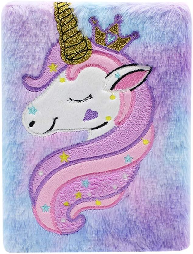 Image of SAMVARDHAN Plush Notebook Journal Cute Rainbow Unicorn Diary for Kids Girls Boys Writing Drawing (A5, 160 Lined Pages), Ink Color-Multicolor