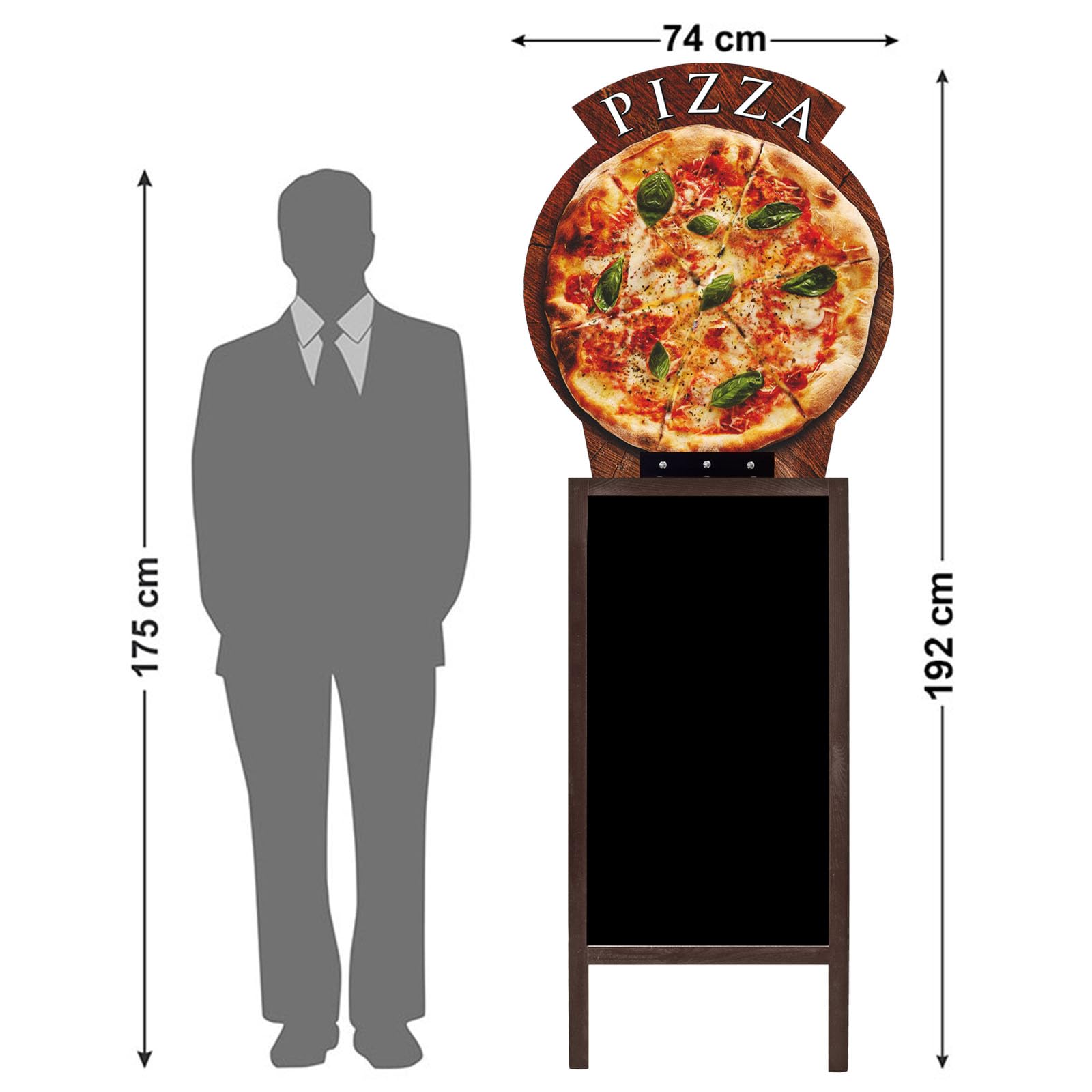 Blocco clienti double face, 192 x 74 cm, con lavagna HDF, struttura in legno marrone, 16 motivi per gelateria, caffetteria, pizzeria, ristorante e gastronomia (12° hamburger)