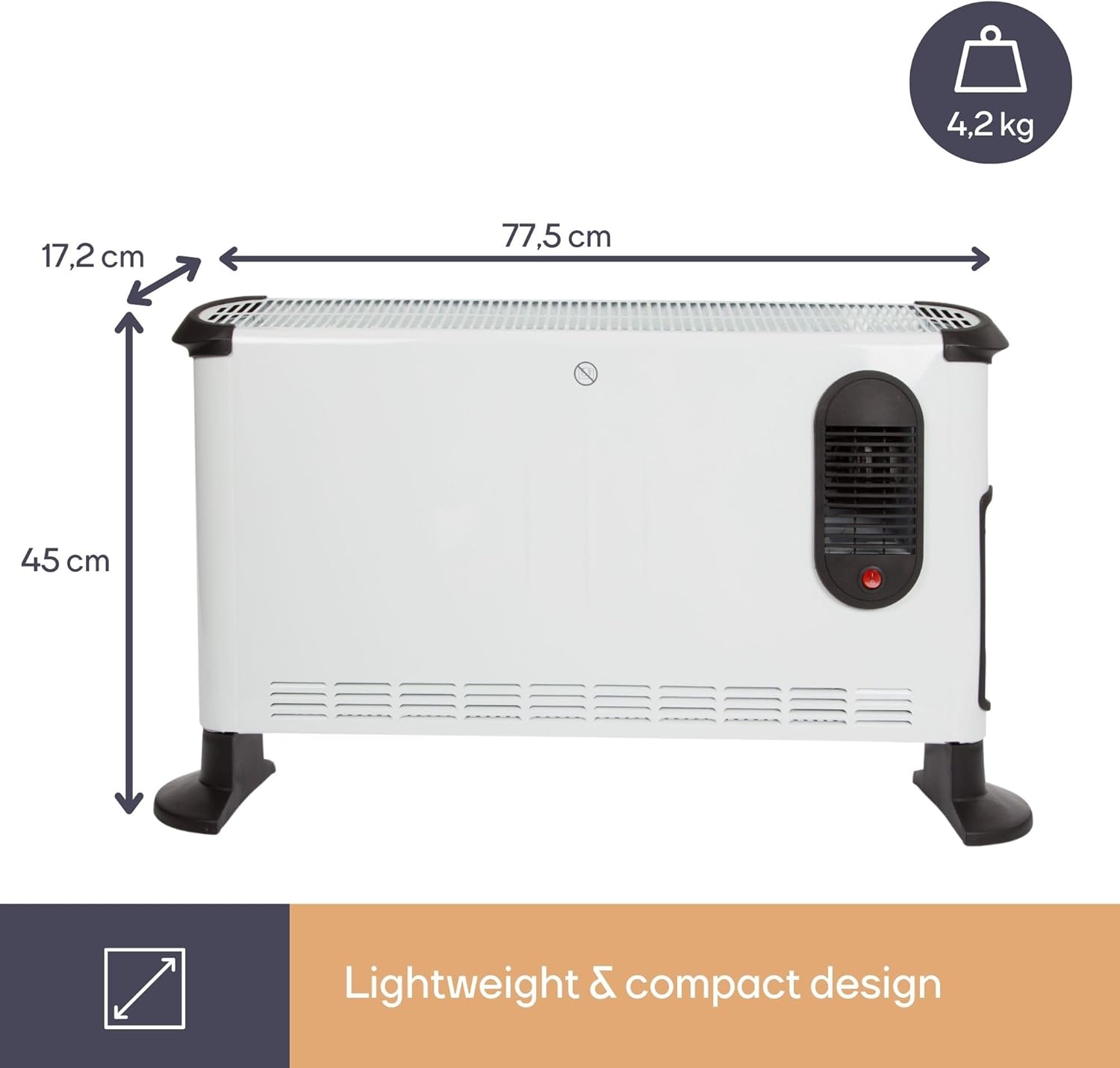 Perel CH0005 Convector Heater with dimensions labeled: 17.2 cm depth, 77.5 cm width, 45 cm height, and a weight of 4.2 kg.