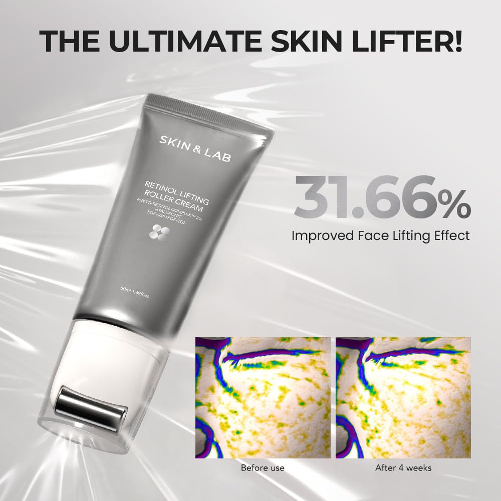 [SKIN&LAB] Retinol Lifting Roller Cream with Massage applicator, Vegan Anti Aging Face and Neck Cream for Reduce Wrinkles and Fine Line, For Face, Neck, Décolleté Wrinkle Care, 1.69 fl. oz.