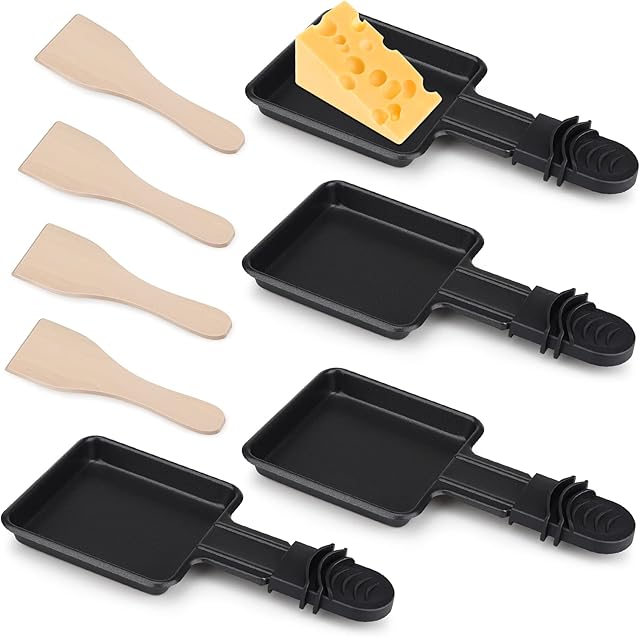 Mini Raclette Pans, 4 Pieces Raclette Pan Non-Stick Coated Mini Raclette Pan Set for Melted Cheese Fried Egg, with 4 Wooden Shovel