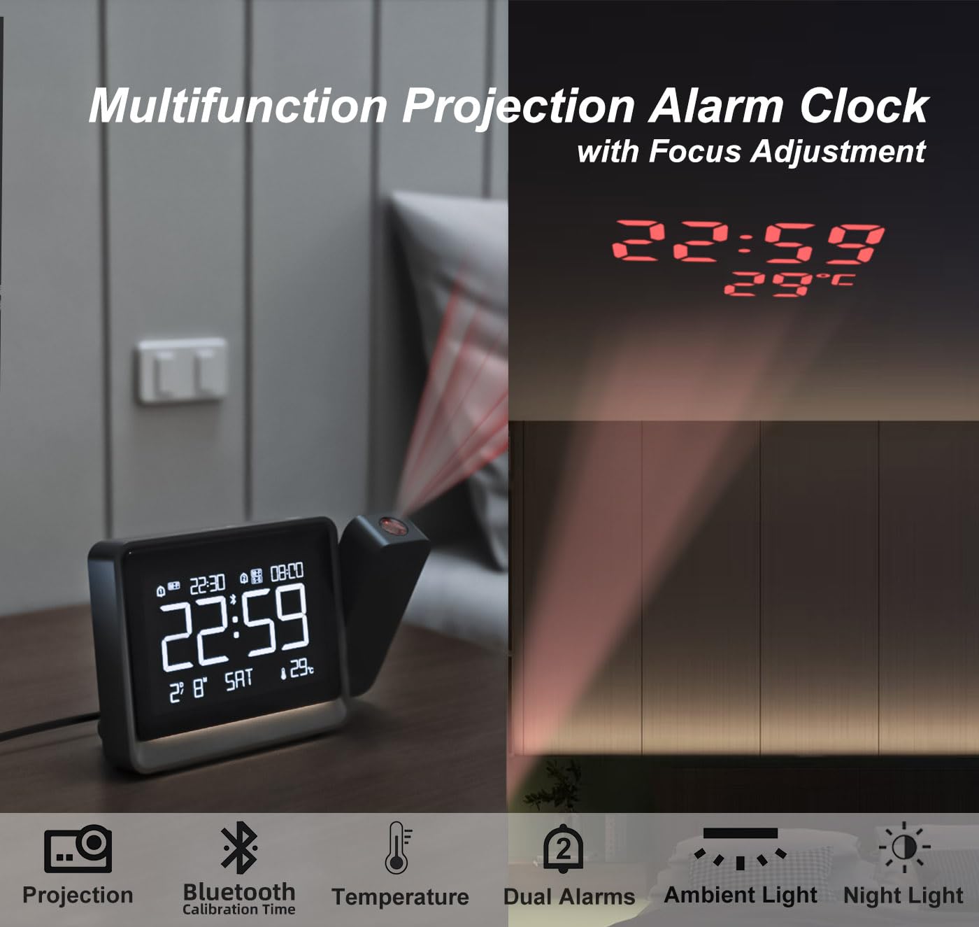 Reloj de Proyección Digital con Ajuste de Enfoque para Dormitorio - Proyector Giratorio de 180°, Sincro de Hora por Bluetooth, Alarmas Dobles, Fecha, Temperatura, Atenuador 4 Niveles, Snooze