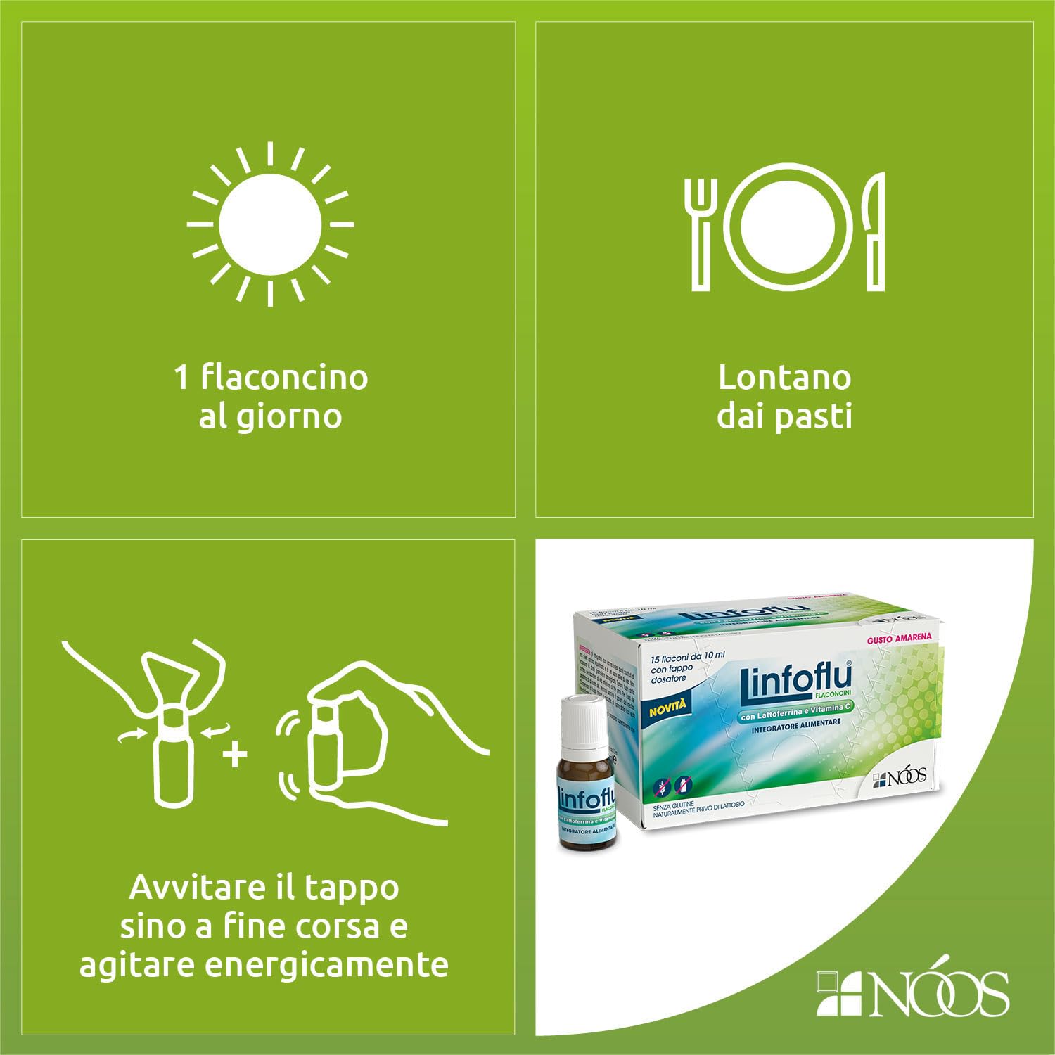 Nóos Linfoflu® Integratore Difese Immunitarie 15 Flaconcini da 10ml con Lattoferrina, Resveratrolo, Vitamina C e Zinco Integratore per Adulti e Bambini Riduce Stanchezza e Affaticamento Gusto Amarena