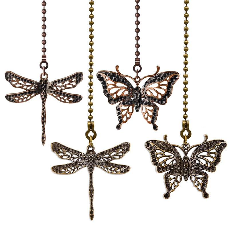 Image of 4Pcs Dragonfly and Butterfly Ceiling Fan Pull Chain, 14inch Fan Light Extender Pendant Ornaments Extension,Bronze and Red Bronze
