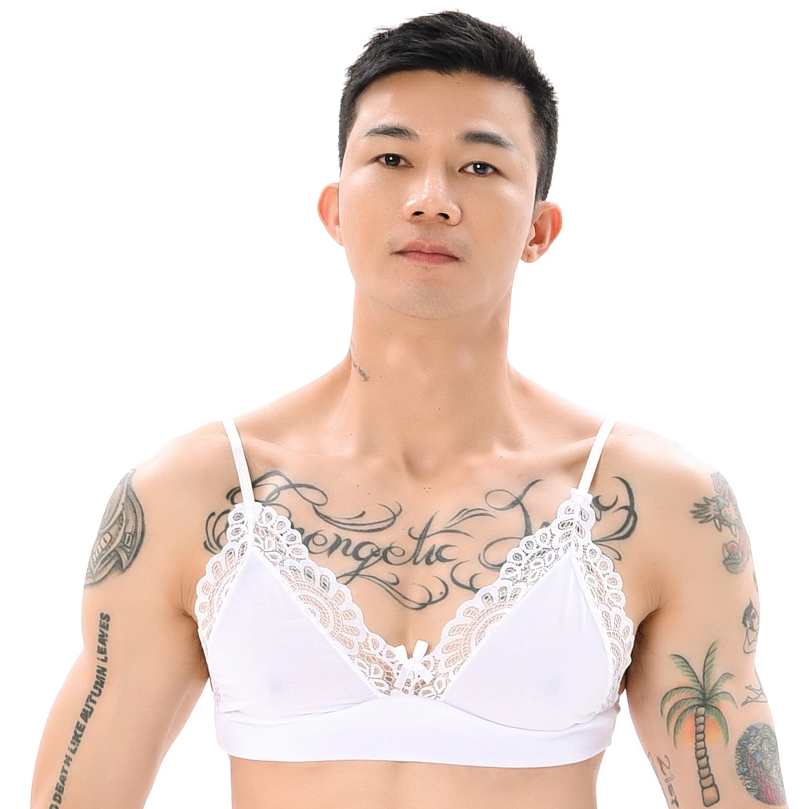 Un Uomo Che Indossa Un Reggiseno In Pizzo Rosso Fotografia Stock - Foto 3