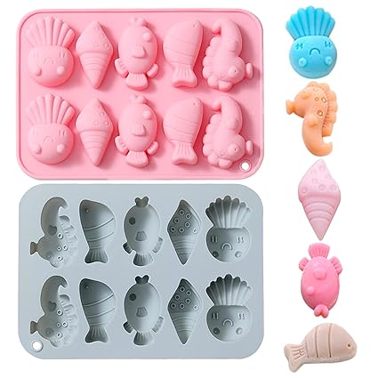Verdental Marine Life Silicone Molds Set Non-stick Candy Making Supplies for Chocolate Gummy Biscuit Mints Crayon Including Octopus, Conch, Fish, Seahorse (2 Pieces)