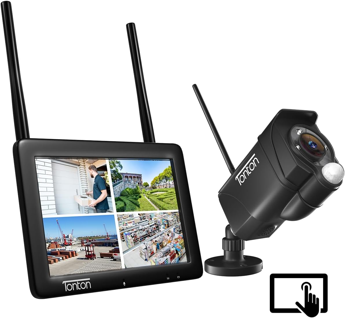 Tonton CCTV Camera System 7" Touchscreen Monitor, 4CH 5MP Security System with 1PCS 3MP Waterproof Outdoor IP Cameras, Color Night Vision, PIR Motion Detection, Work with Alexa, No SD Card Included