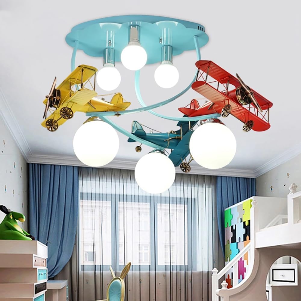 Skyblaze Blue Airplane Ceiling Light Fixtures, Modern Boy Bedroom Ceiling Lamp, Modern Glass Globe Flush Mount Ceiling Light for Kids Room Nursery