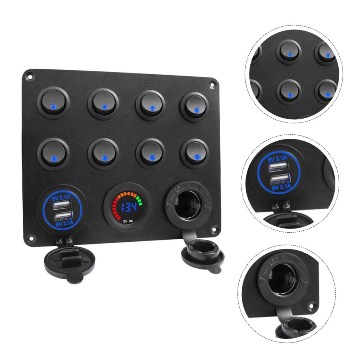 8-fach Kfz Panel mit Zwei USB Steckdosen und Digitalem Voltmeter