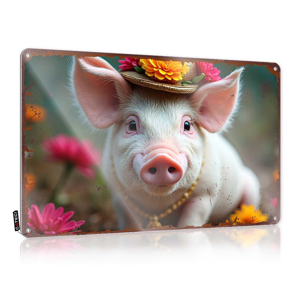 Fzfn Colour Pig Wearing Hat With Flowers In Garden Grunge Tin Sign | Outdoor Bar Decor Vintage Style Accessories Barn Decoration Easy Hang(30X40cm)