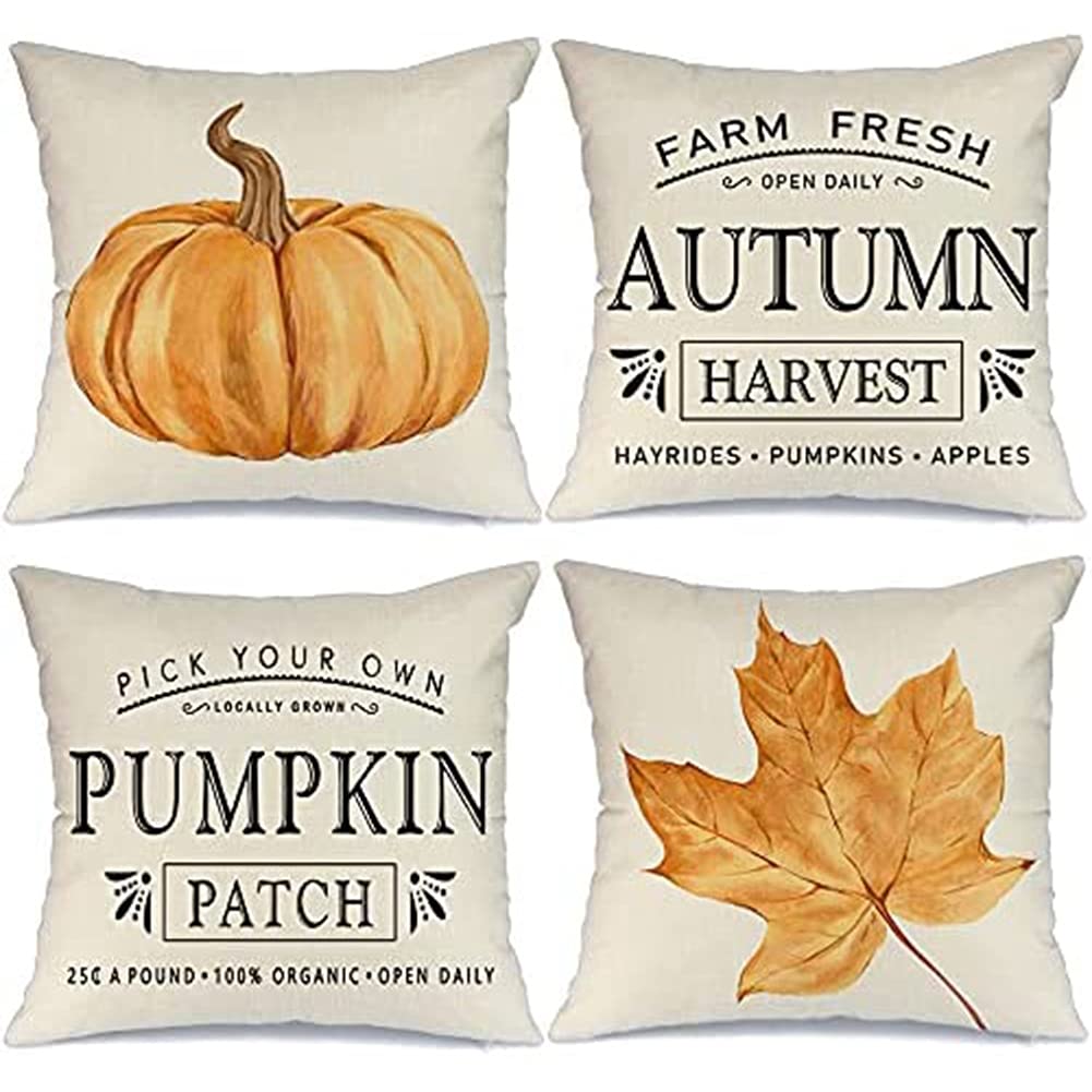 Wisyurt Fall Decor Pillow Covers 18X18 Set of 4 Outdoor Fall Decorative Throw Farmhouse Autumn Cushion Case