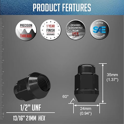 Vista 48 de Wheel Accessories Parts 20 tuercas hexagonales de 1/2"-20 roscas de 1.378 in 1.38" de largo cromadas 13/16" 0.827 in para Ford Mustang Jeep CJ