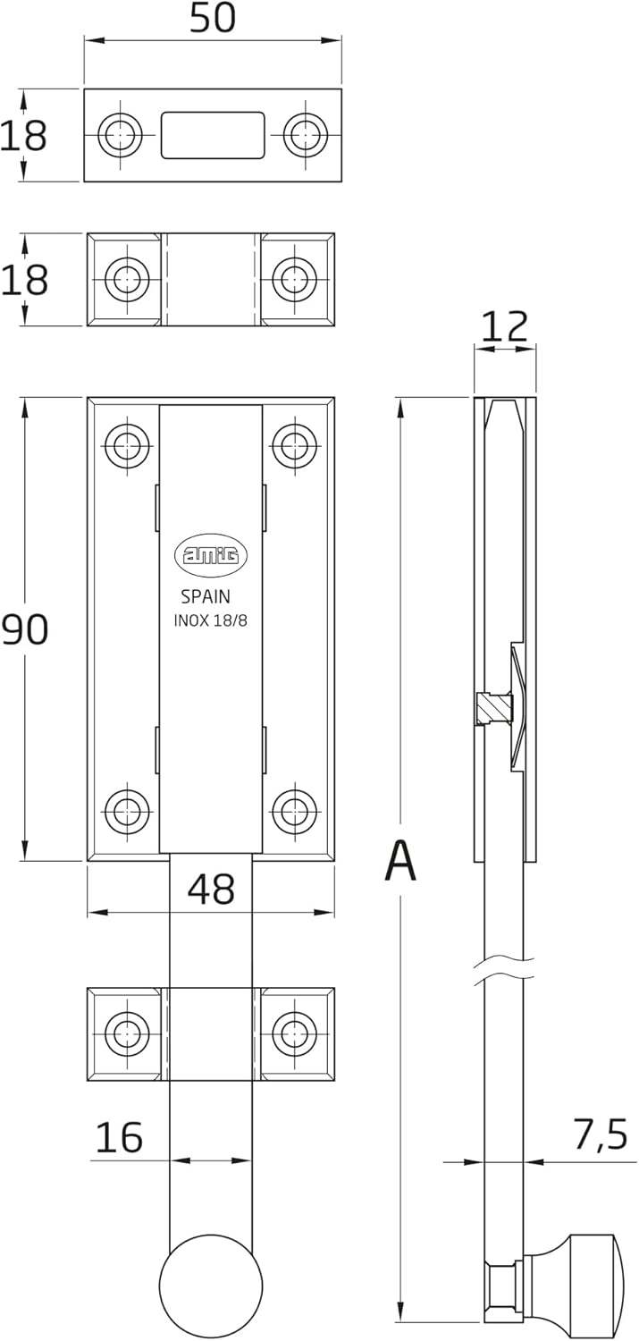 Amig - Overlap Pin - 200 x 48 mm - Wooden Passage Doors - Vertical Automatic Closing - Latch for Bathroom, Bedroom or Office - Deadbolt - Matte 18/8 Stainless Steel