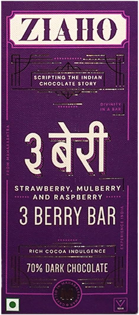 Ziaho Mahabaleshwar 3 Berry Chocolate like Strawberries, Mulberries and Raspberries, 70% Dark Chocolate Bar | 65gms