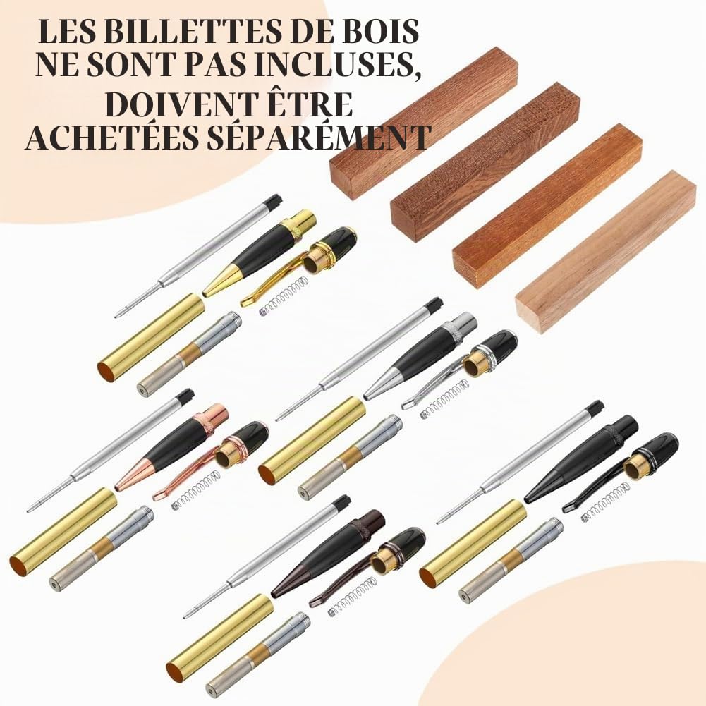 Kit de Stylo à Bille à Bille Tourné en Bois avec Recharge en Cuivre pour Fournitures de Classe DIY Cadeau pour Étudiants et Amis.