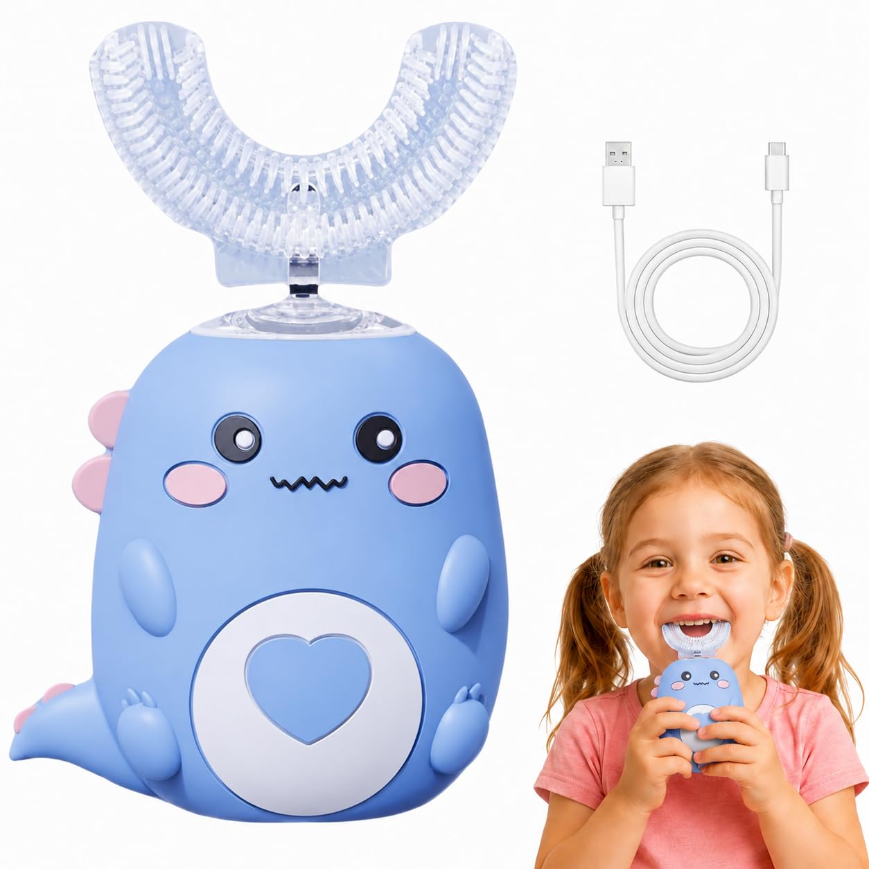 LoulouSmile DinoBrush Brosse À Dents Électrique Enfant Forme U Avec Poils Souples Pour Routine Quotidienne (Bleu,2 À 6 Ans)