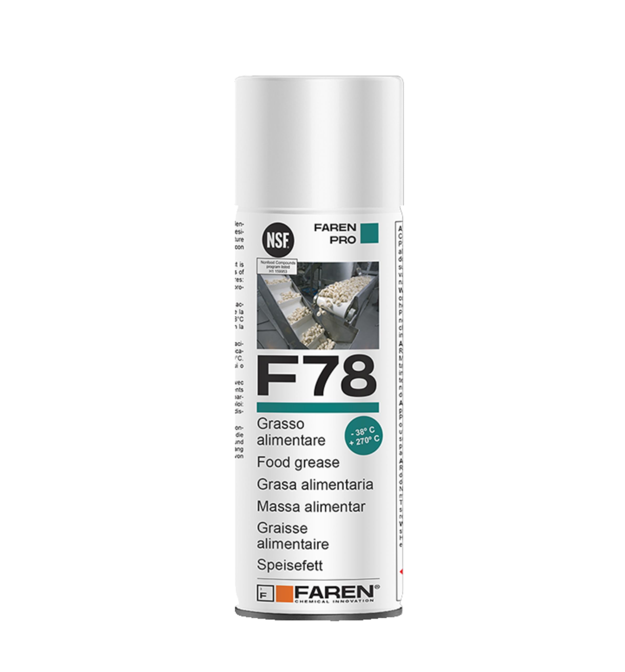 Faren F78, Grasso Lubrificante Spray Alimentare, Atossico e Antiossidante, Conforme FDA, Protezione Anticorrosiva per Macchinari Alimentari, Resistente all'Acqua, 400ml