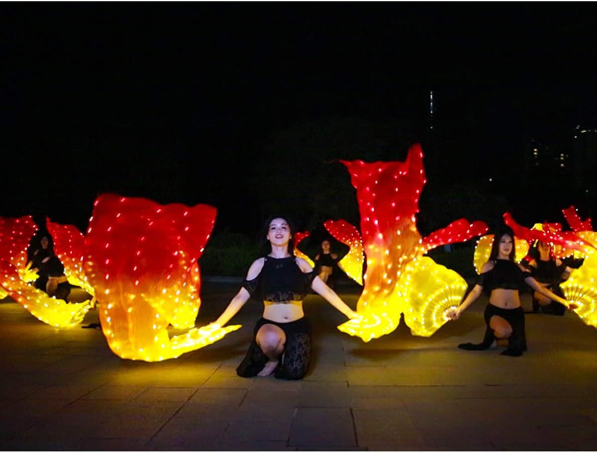 MISI CHAO Belly Dance LED Fan Veil - 1.8 Long Bamboo Fans Veil Hand Made Silk Fan for Dance/Outdoor 1 Pair(Yellow+Red) : Clothing, Shoes & Jewelry