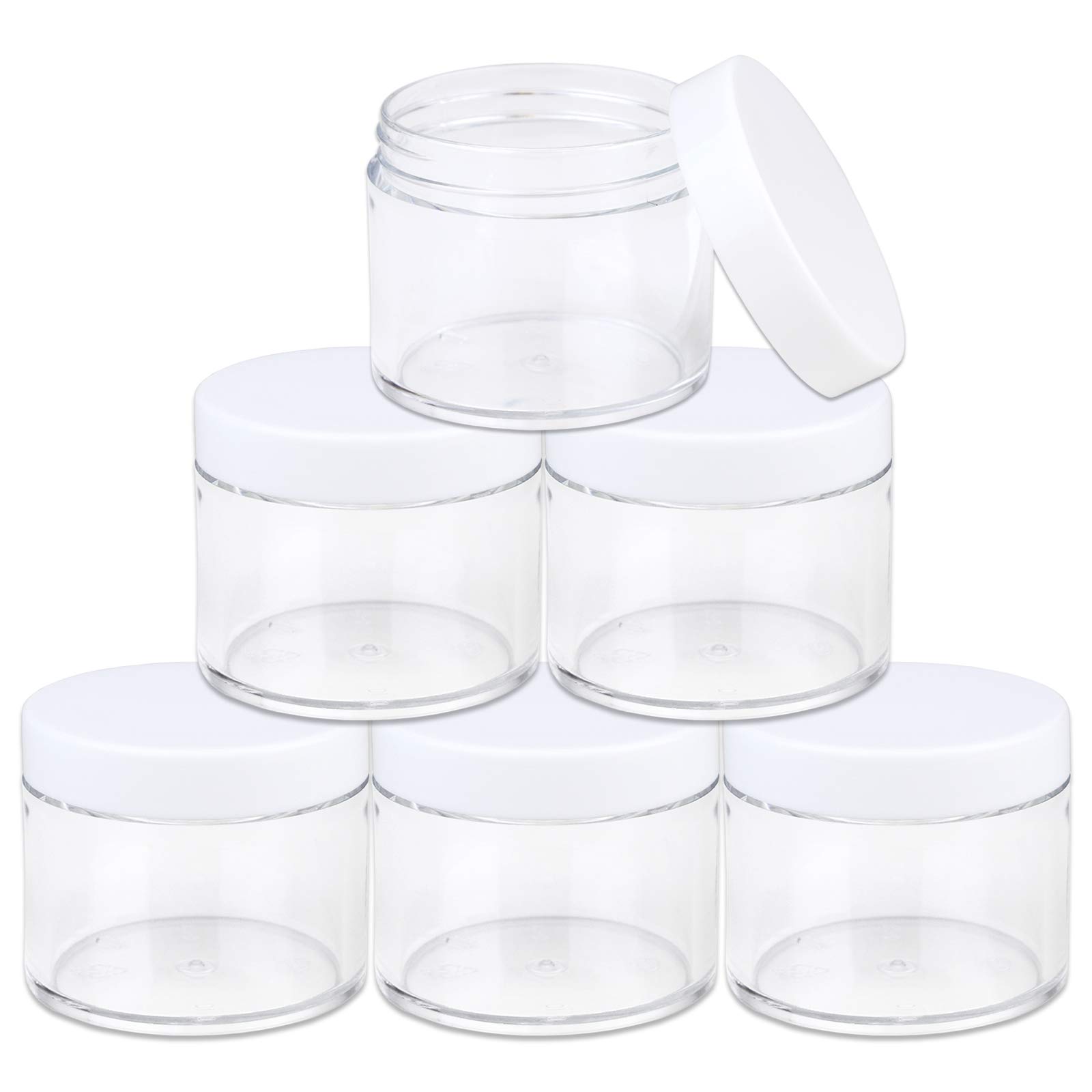 Beauticom 60 Grams/60 ML (2 Oz) Round Clear Leak Proof Plastic Container Jars with White Lids for Travel Storage Makeup Cosmetic Lotion Scrubs Creams Oils Salves Ointments (6 Jars)
