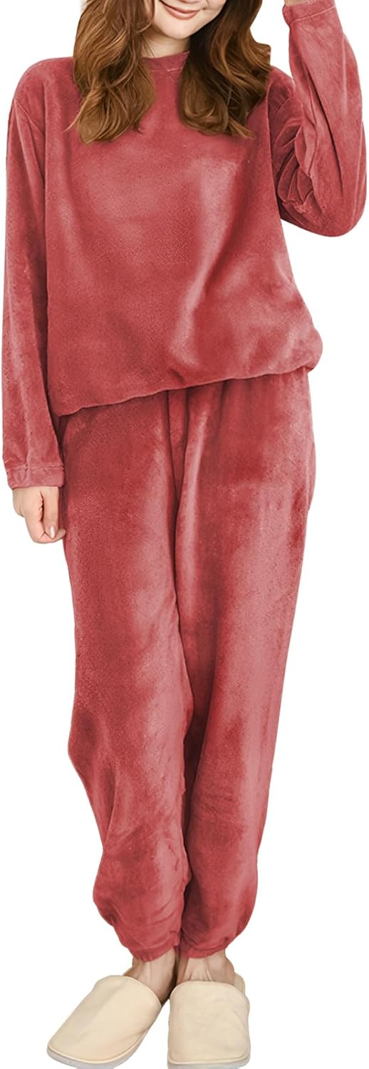 Women's Coral Fleece Pajamas Set - Coral Velvet Fluffy Sleepwear Set with Relaxed Fit, Long Sleeve Top and Pants