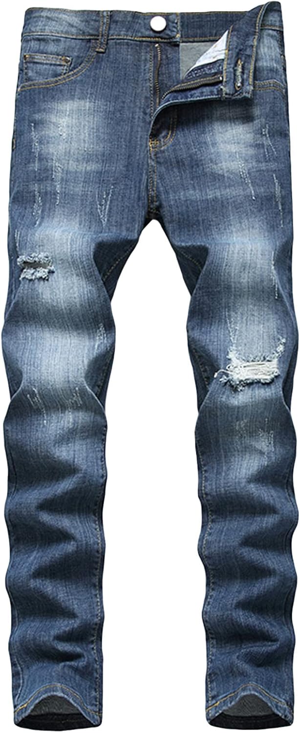 JEsilunmaMY Men's Stretch Straight Leg Jeans Mid Waist Distressed Ripped Skinny Jean Trousers Slim Fit Washed Denim Pants