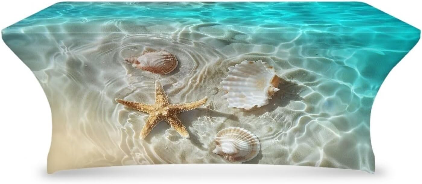 Beach Starfish 6FT Table Cloth for Rectangle Table Stretch Spandex Fitted Tablecloths for 6 Foot Folding Tables Prorection Cover for Party Supply Birthday Cocktail Festival Display Decor
