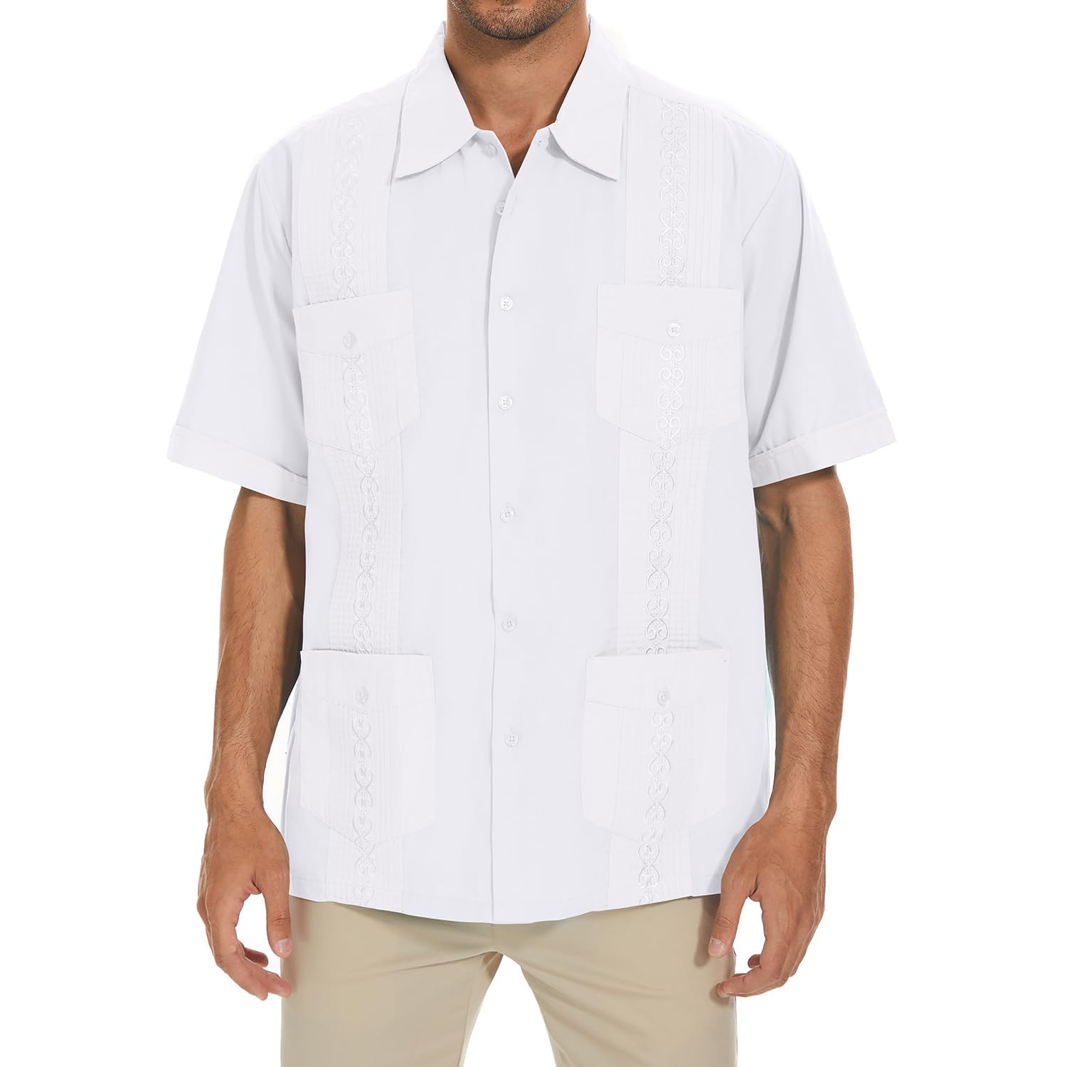 MAXJON Men's Guayabera Shirts for Mens Cuban Shirts Short Sleeve Shirt, White, XXL