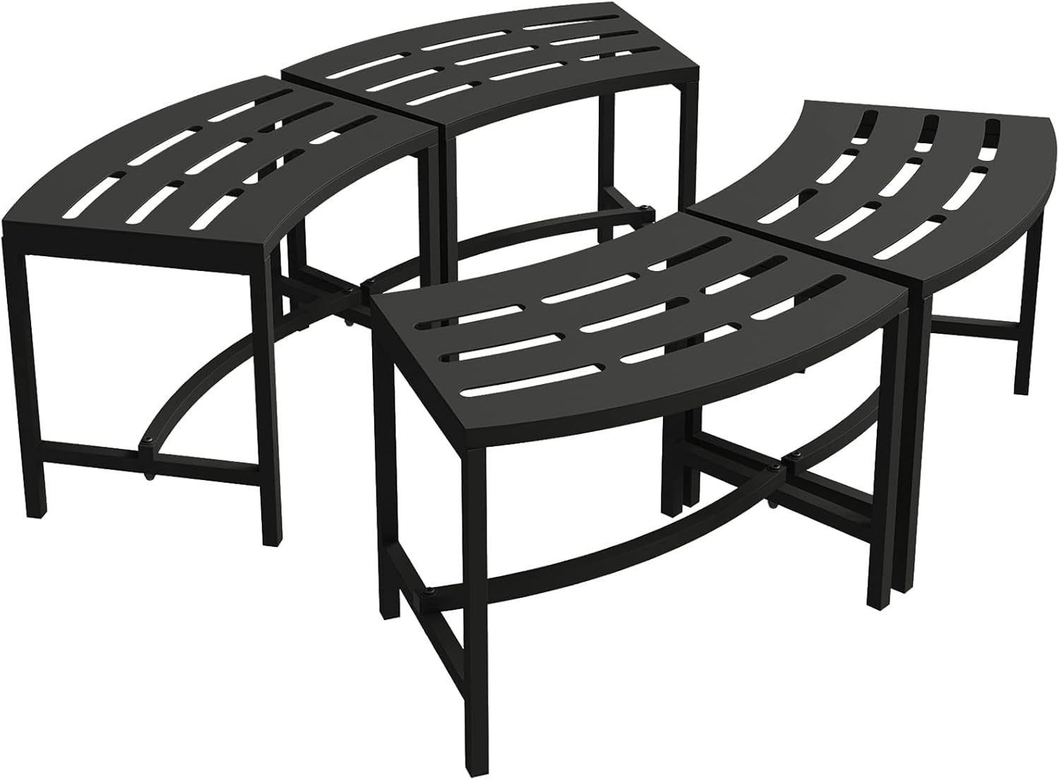 Metal Curved Fire Pit Bench Set - Outdoor Seating for Garden, Patio, Porch, Backyard - Heavy Duty Steel Backless Benches - Plant Stand and Holder - Black Crossover Design