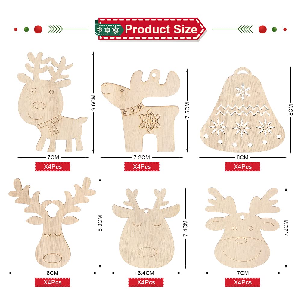 24 Decorazioni Natale In Legno Con Corda - Pendenti Albero Fai Da Te, Forme Di Renna E Campana, Addobbi Artistici