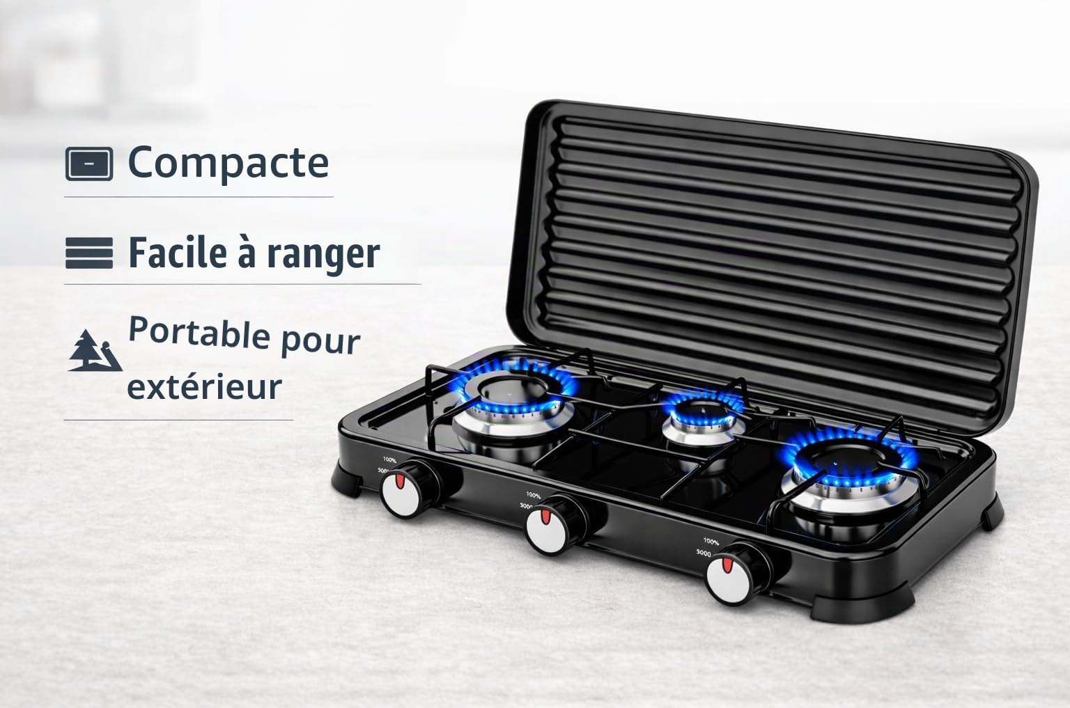 Réchaud à gaz portable à 3 feux pour extérieur, réchaud à gaz butane et propane avec couvercle amovible, flamme réglable, 5,4 kW, cuisinière d'appoint compacte (3 feux)