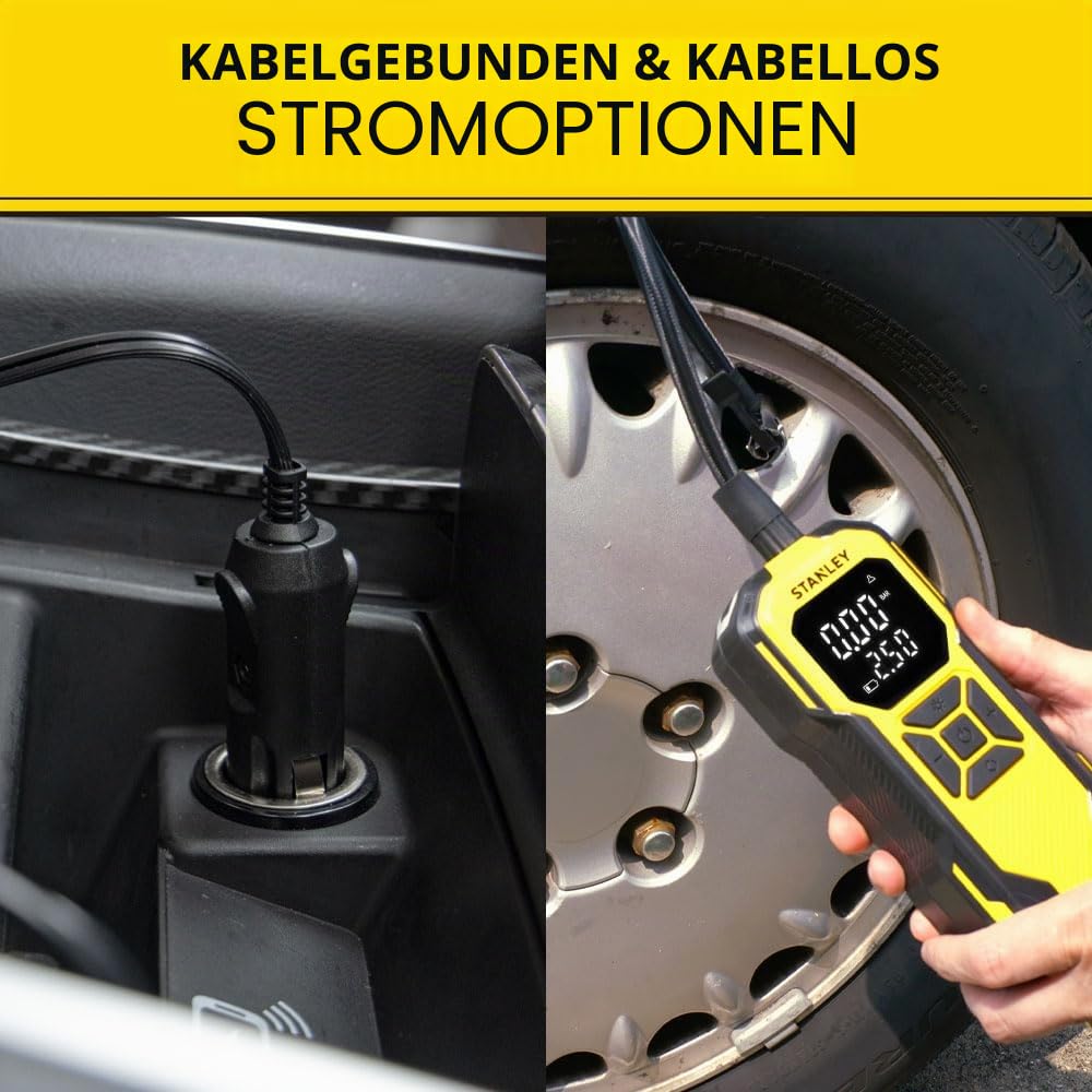 Stanley SXIF0101 12V / Wiederaufladbare Li-ion 150 PSI Intelligente Reifenfüllpumpe mit Digitalanzeige + Powerbank + SOS + Led Lampe