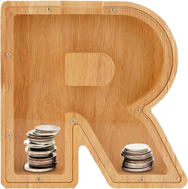 Caffney Letter Money Jar Wooden Money Bank with Transparent Window Letter Coin Box for Desk Decoration Alphabet Money Box for Kids Adults Gift(R)