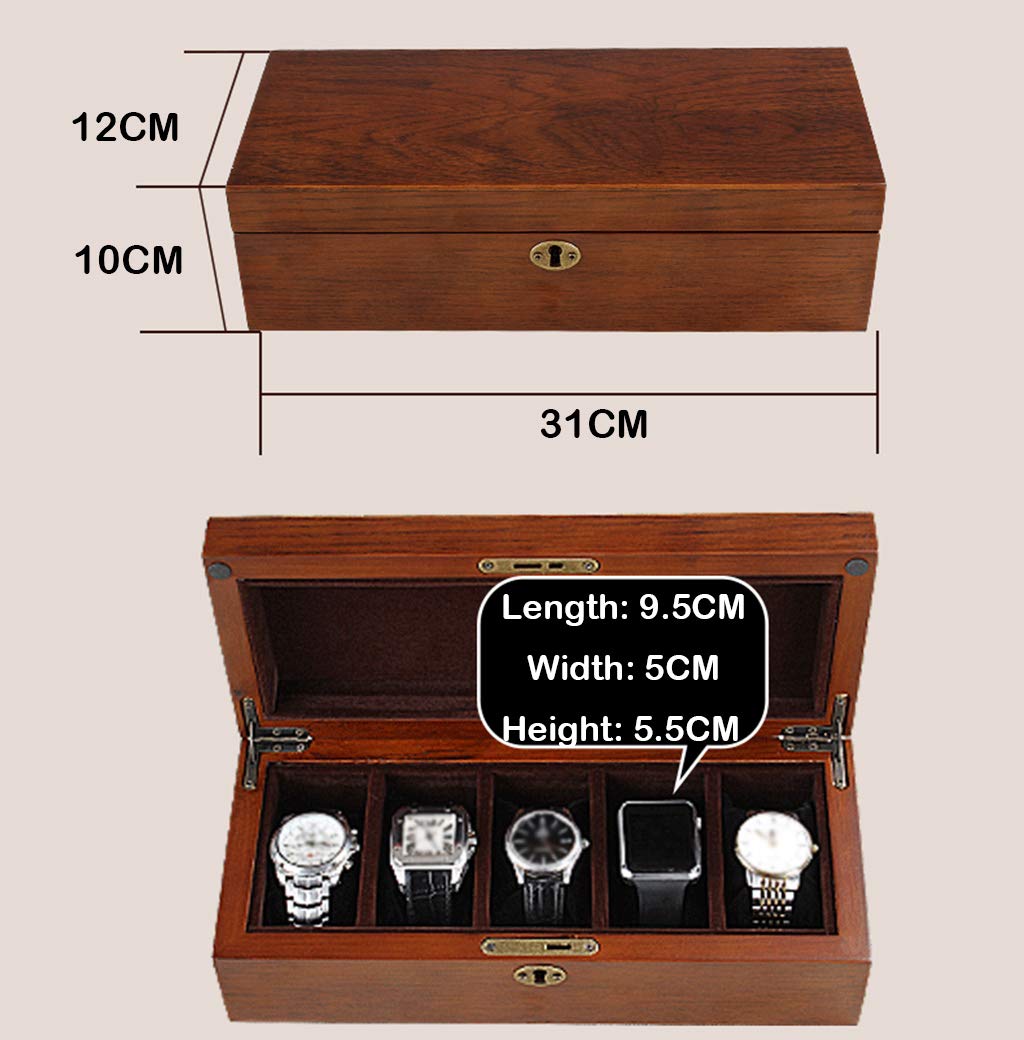 Tapa de vidrio 5 Cajas de reloj Mujeres Caja de almacenamiento de exhibición de joyería de madera Caja de pulsera Bandeja de hebilla de metal con cerradura y 5 almohadas de almacenamiento extraíbles