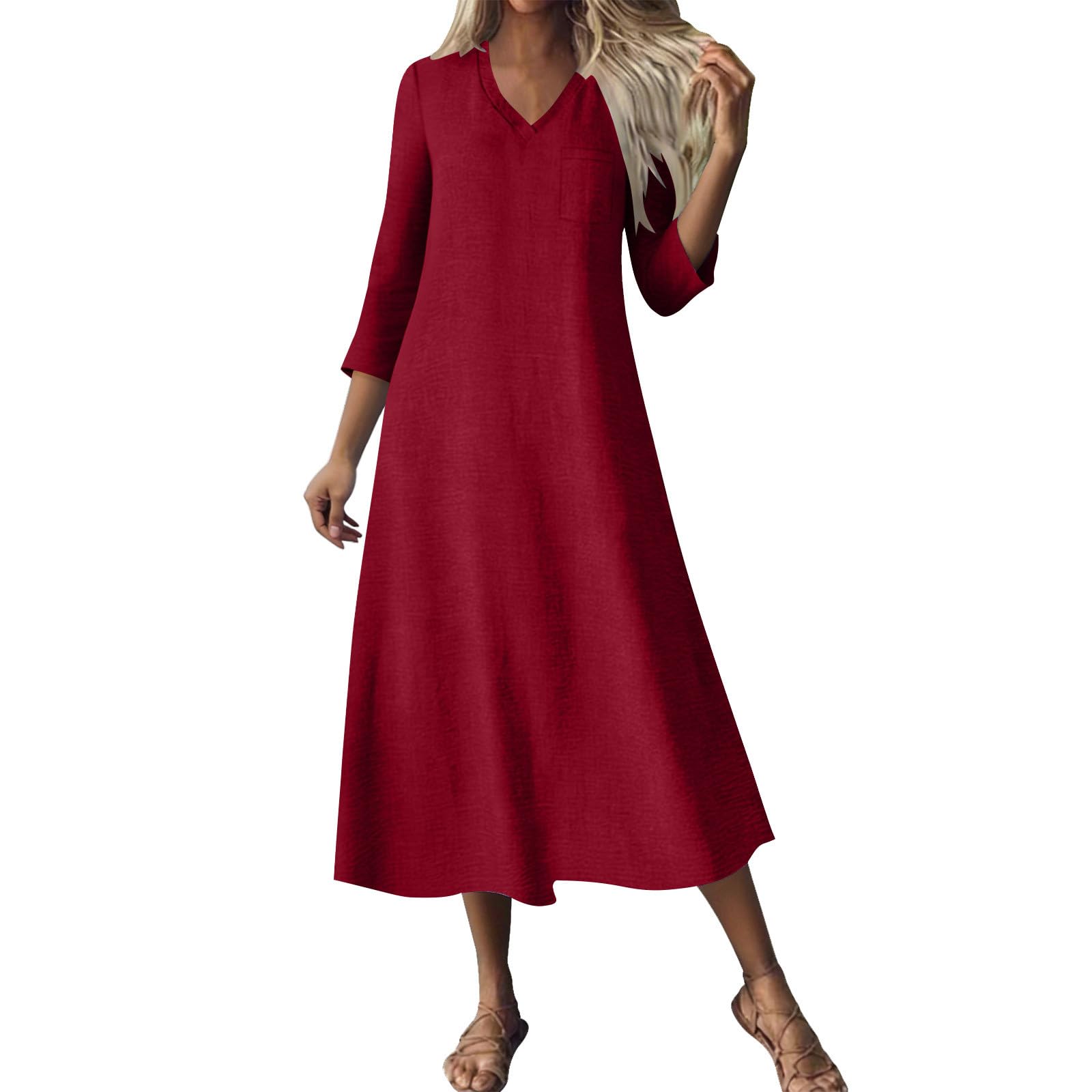 RLEHJN Maxikleider Damen Sommer,Langarm V-Ausschnitt Sommerkleid Boho Kleid Einfarbige Lang Strandkleid Leicht Und Luftig Leinenkleider Freizeitkleid Elegant Casual Kleider Baumwollkleid