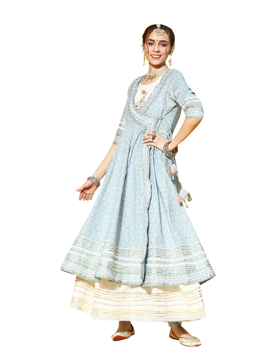 Ishin Women's Cotton Anarkali Embroidered Kurta Ksic-19055_M_Blue & White