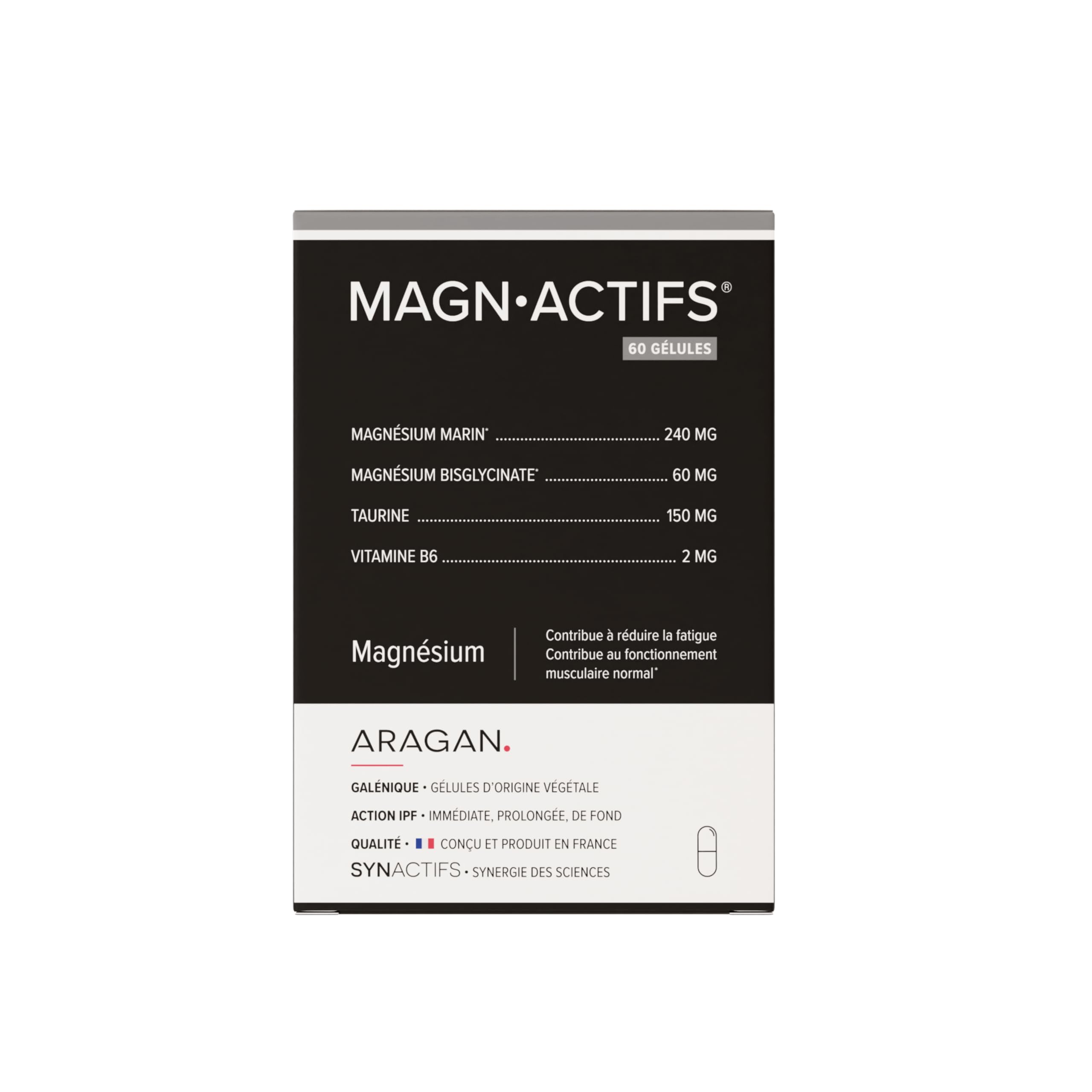 Magnactifs - Magnesium Bisglycinate & Marin - Anti Fatigue, Anti Stress Adulte, Equilibre Nerveux - Taurine, Vitamine B6 - Aragan - 60 Gélules