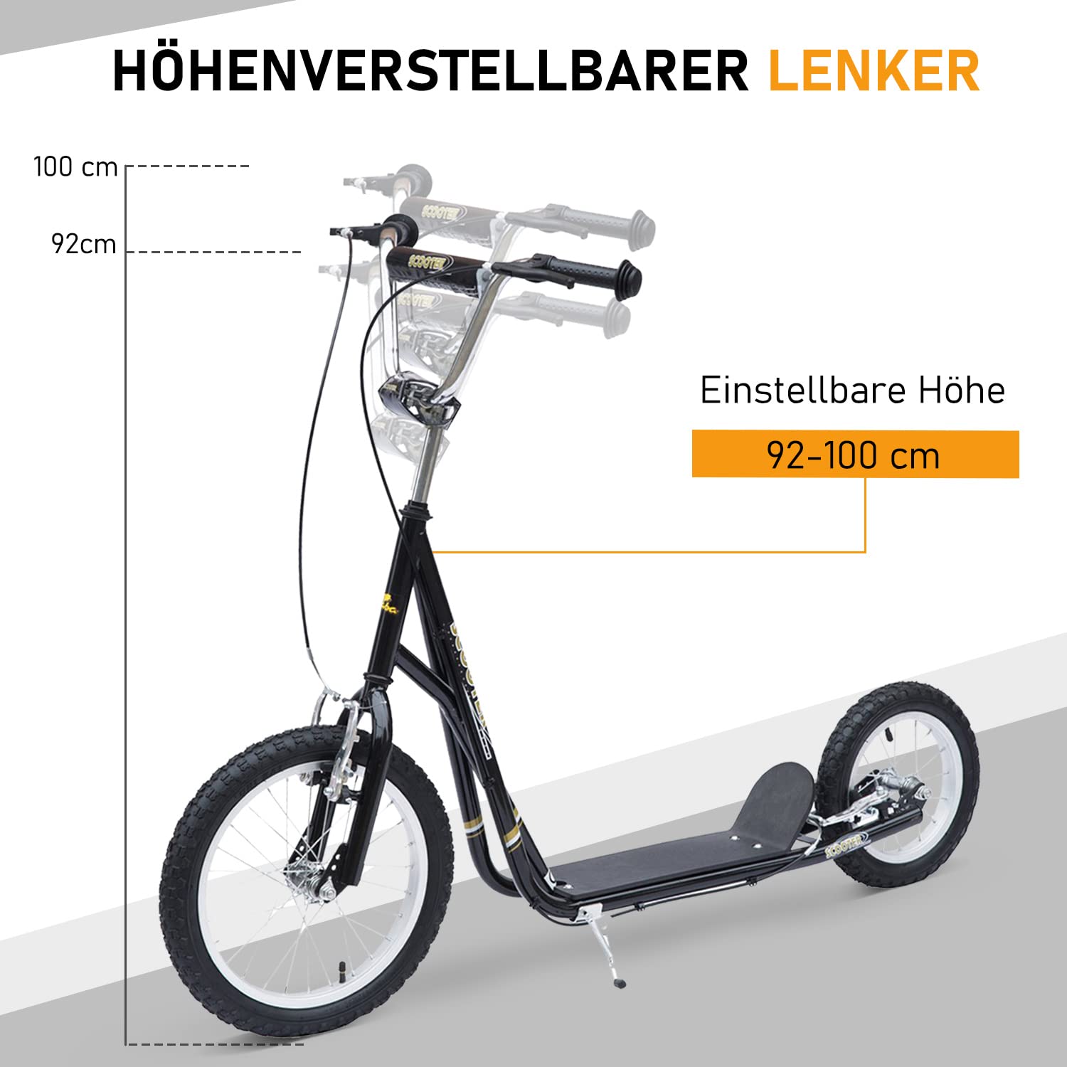 HOMCOM Roller Kinderroller mit Luftreifen Handbremse, 16 Zoll Tretroller Höhenverstellbar Kickscooter für Jungen und Mädchen ab 5 Jahre Kickboard Cityroller Kinder Scooter Schwarz