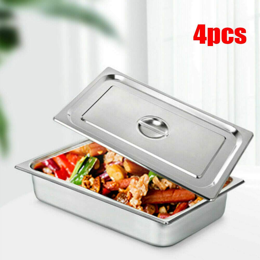 4 recipientes Gastronorm apilables de acero inoxidable antiadherentes Chafing Dish Recipientes con tapa de acero inoxidable para buffet Chafing Dish, vaporera