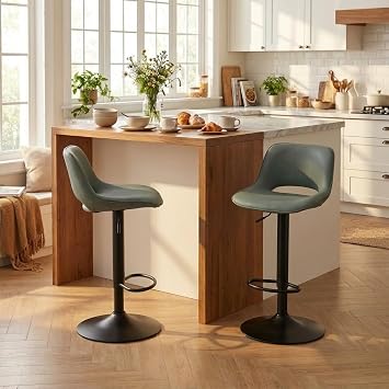 YOUNIKE Bar Stools Set of 2 Modern Swivel Barstools, Adjustable Counter Height Bar Chairs Faux Leather Upholstered Counter Stools with Hollow Back for Kitchen Island, Greyish Green