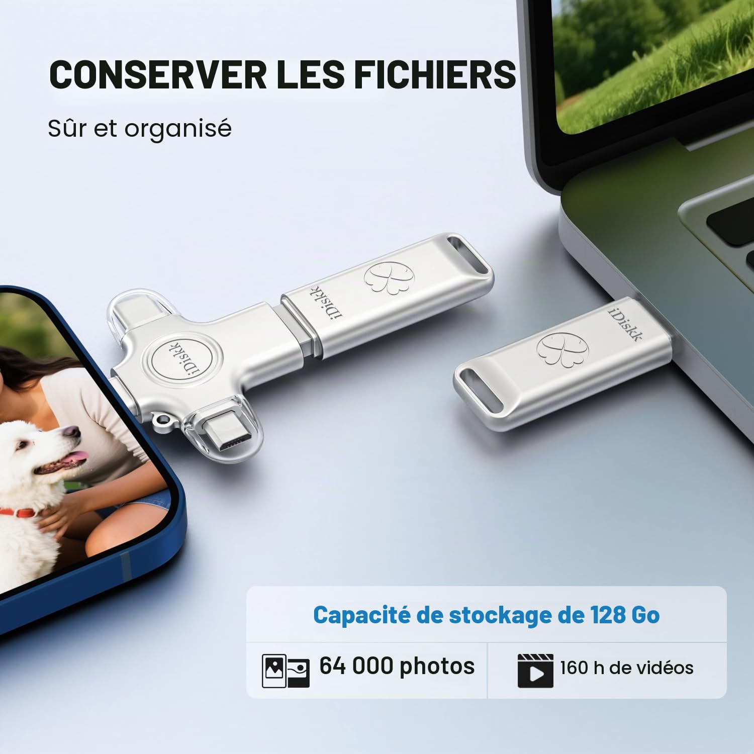 iDiskk Clé USB 128 Go de Sauvegarde Automatique pour transférer et Sauvegarder des Photos, des vidéos, des Photos pour iPhone, iPad, Android, Mac et PC