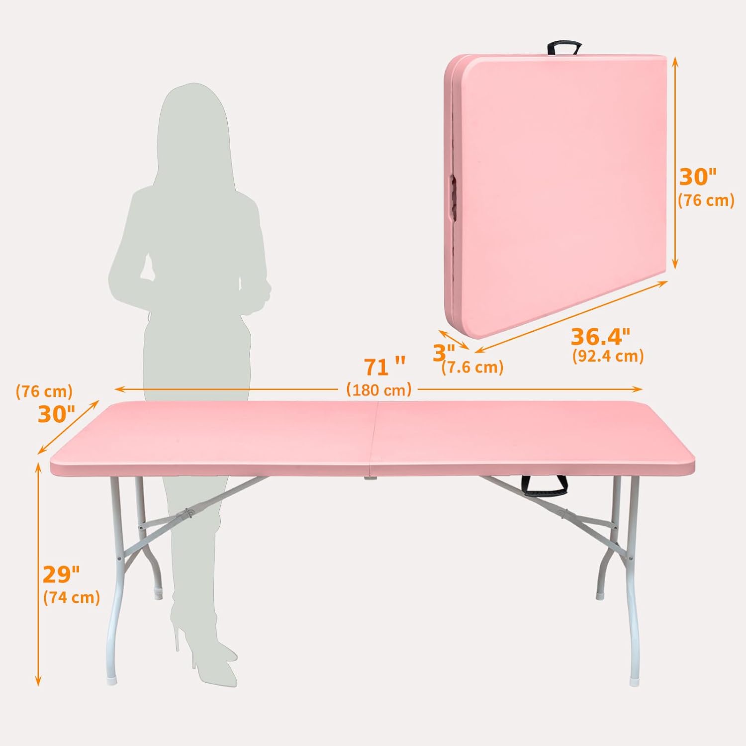 6FT Folding Plastic Table Adjustable Height Portable Dining Table for Camping, Picnics, Parties, High Load Bearing Foldable Table-Pink