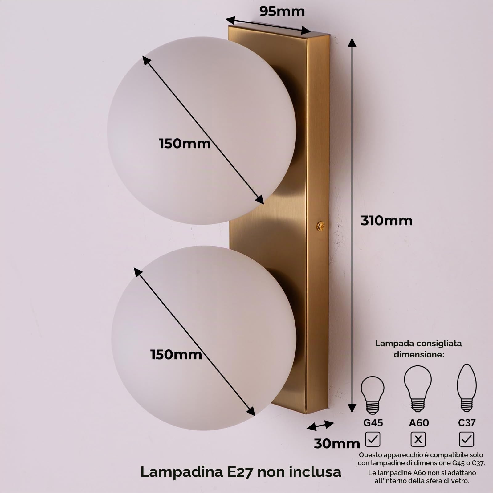 Alpinaluz Applique da parete con doppia sfera in vetro opaco Ø150 mm - Base rettangolare in metallo dorato per camera da letto, corridoio o installazione a soffitto - Attacco E27