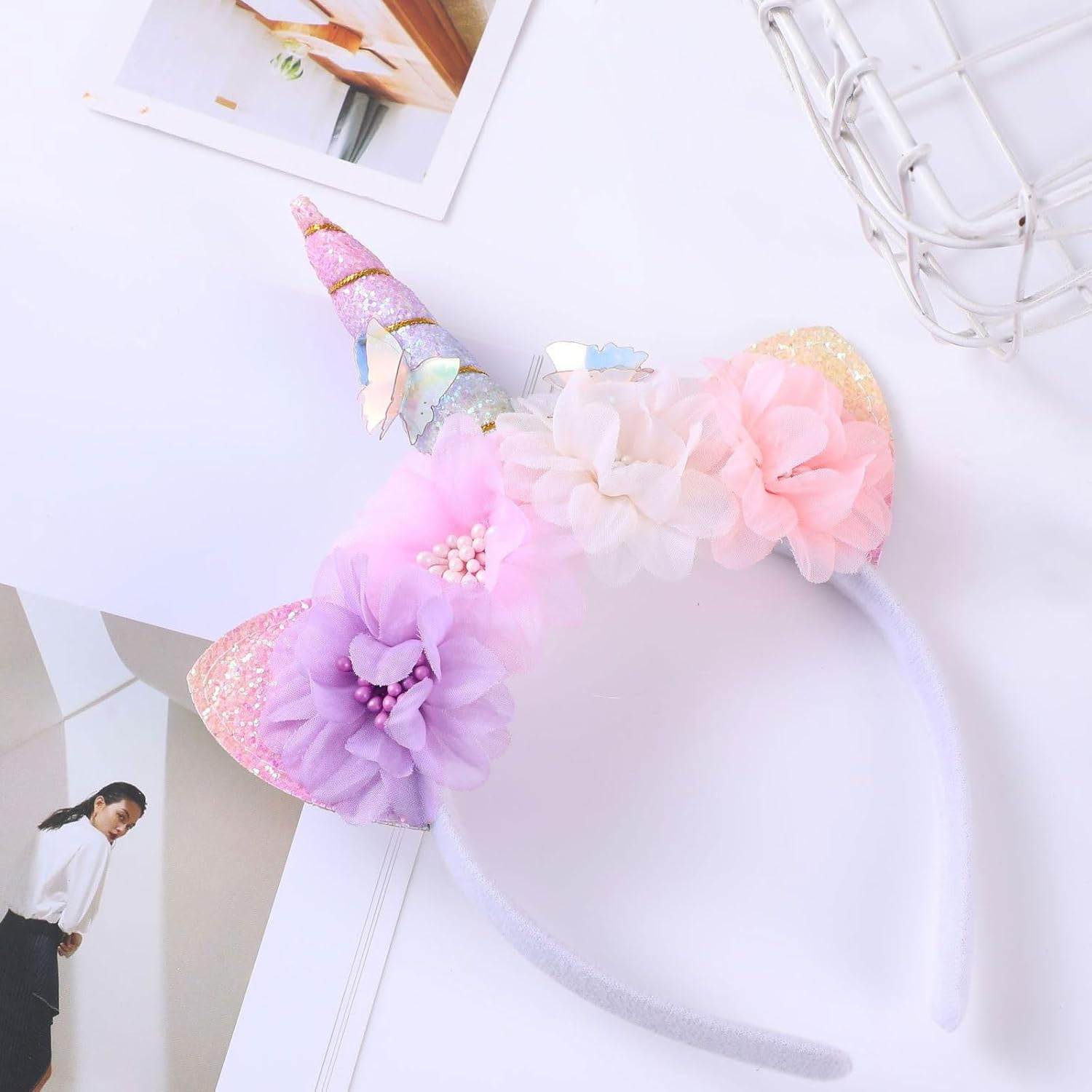 Unicorn Horn Headband - Glitter Pink Flower & Butterfly Unicorn Ears Hairband – Women's Magical Floral Hair Accessory for Women Halloween Christmas Cosplay & Birthday - Image 2